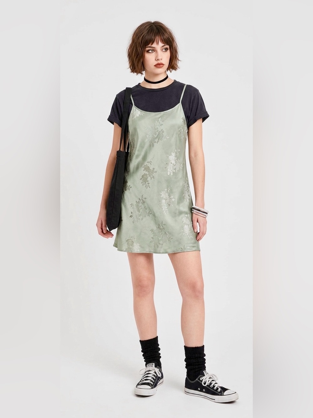 ✨ VINTAGE 90s/Y2K Sage Green Floral Jacquard Slip Dress ✨ -small